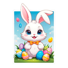 Obraz premium sticker - Easter bunny illustration, on transparent background, cute fluffy, easter eggs, stunning full color, high quality, cute stickers, cartoon style, white frame, colorful