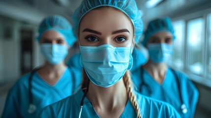 Fototapeta na wymiar Portrait of Three Female Nurses Wearing Surgical Masks, Hospital Hallway in Blurred Background