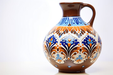 Close up cute ceramic pottery vase with colorful blue brown painting in traditional bulgarian style, decoration, souvenir. Pottery, earthenware, classic hand crafted activity. White background