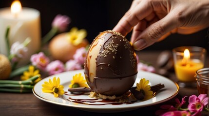 Delicious Easter egg from a pastry stuffed with chocolate and caramel, and decorated with showy yellow flowers, mouth-watering presentation, elegant table setting. Generated by AI