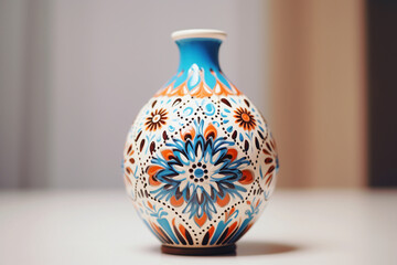 Close up cute ceramic pottery vase with colorful blue brown painting in traditional bulgarian style, decoration, souvenir. Pottery, earthenware, classic hand crafted activity. White background - obrazy, fototapety, plakaty