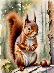 A cute brown squirrel with a bushy tail is perched on a tree branch, enjoying a nut in a lush forest setting