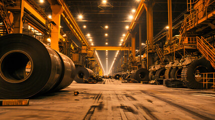 Interior of an industrial foundry with molten metal and heavy machinery, representing metallurgy and production.