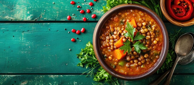 Top view of a vegan, healthy legume dish with lentil soup and stewed vegetables on a rustic green wooden table.