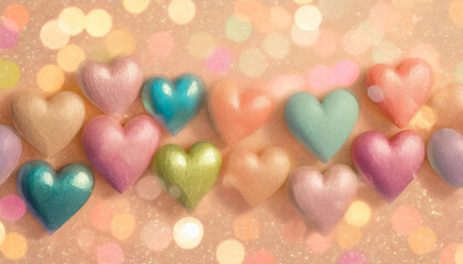Fototapeta premium Pastel coloured hearts in 3d rendering design on peach fuzz, 2024 colour background with copy space. Computer generated image for Valentine's Day concepts, logo, web, prints, posters.