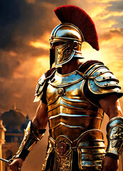 Roman male legionary, legionaries wear helmet with crest, long sword and scutum shield, heavy infantryman, realistic soldier of the army of the Roman Empire, on Rome background. Warrior Gladiator