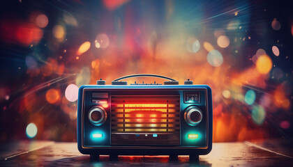 a retro audio against a colorful background, in the style of bokeh, poster