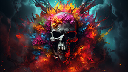  Heavy metal death skull  Illustration rainbow background , Generate AI
