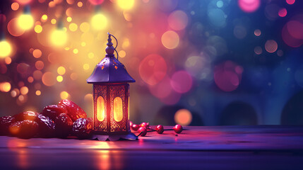 Ornamental Arabic lantern and dates fruit with glowing background and golden glittering bokeh lights
