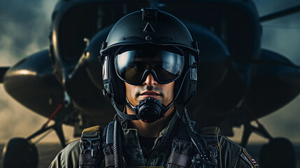 Uniformed military man with helmet and glasses prepared for combat. Portrait of a helicopter fighter pilot uniformed and looking at the camera  - obrazy, fototapety, plakaty