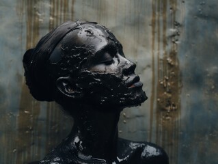 Unrecognizable woman wearing liquid rubber dark mask on her face against shabby old wall