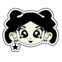 Y2K characters girl stickers. Retro futuristic elements for design. Trendy elements in vaporwave acid style. Retro girl, stars and futuristic items