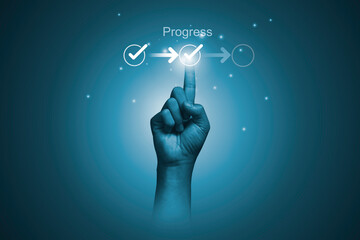 Hand touching to tick correct mark in checklist with progressive loading status to remind work task...