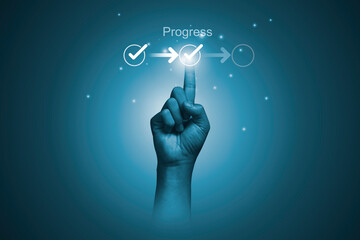 Hand touching to tick correct mark in checklist with progressive loading status to remind work task...