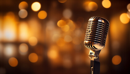 old microphone on bokeh background stock photo