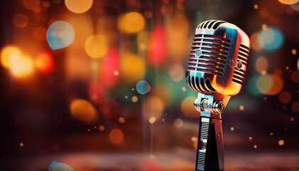 old microphone on bokeh background stock photo