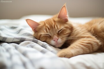 Serene ginger cat naps with contentment on a cozy bed, enveloped in a soft blanket, embodying tranquility and comfort.
