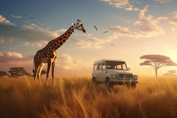 Giraffe and classic safari vehicle amidst a serene savannah sunset, with acacia trees and birds flying in the warm sky. - obrazy, fototapety, plakaty