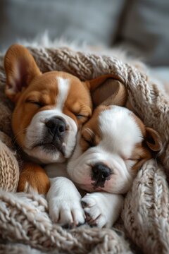 Two adorable puppies sleeping peacefully wrapped in a cozy blanket. perfect image of friendship and comfort. AI