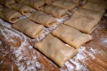 Homemade tasty stuffed pancakes crepes with meat close up. Thin pancakes with fillings. German fried stuffed pancakes blintzes with meat, heart, lung, liver. 