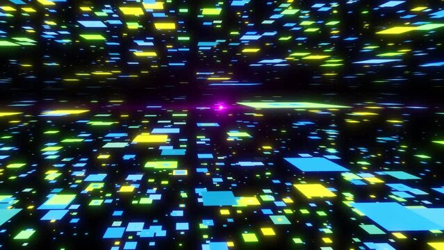 Camera Flying Through High Tech Squire Background With Opticle Leans Effects. Digital High Tech Futuristic Square Animation Background, Digital High Technology Animation Background Concept, Computer