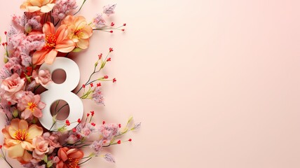 Number eight in spring colors, on pastel background, with space for text, international women's day - obrazy, fototapety, plakaty