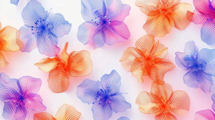 Colorful Fashion Plastic Flowers Halftone Pattern on a White Background. Halftone Flowers Texture Pattern. Halftone Flowers Background