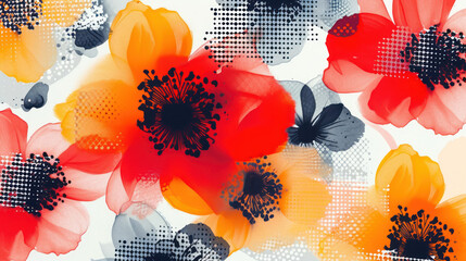 Colorful Fashion Plastic Flowers Halftone Pattern on a White Background. Halftone Flowers Texture Pattern. Halftone Flowers Background