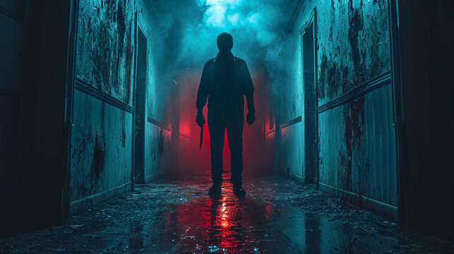 The killer with the bloody knife in his hand