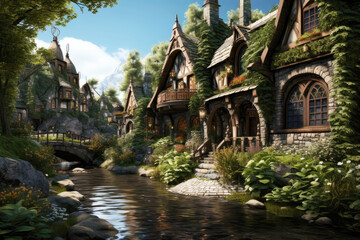 Fototapeta na wymiar A cozy elven village with empty streets.