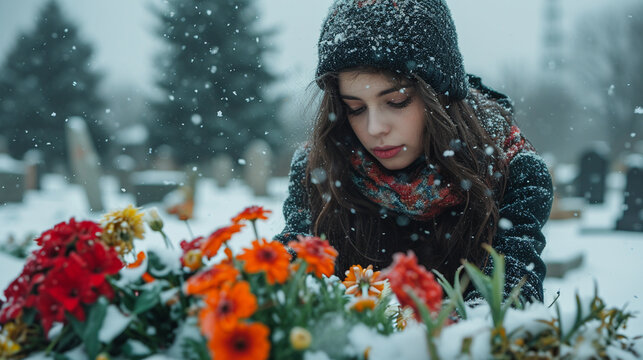 A woman in a cemetery in winter