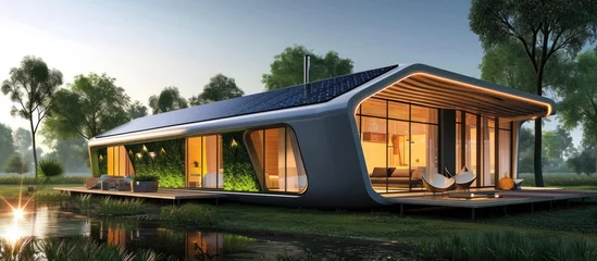Fotobehang Solar-powered eco-house offers sustainable and renewable energy alternatives to conventional sources through a solar cell-charged battery. Promotes green living. © 2rogan