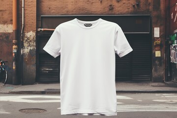 white T-shirt against a background of street city copy space white mockup template