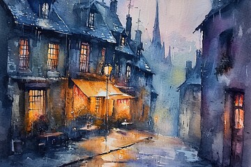 Watercolor, streets of French village on a rainy evening.
