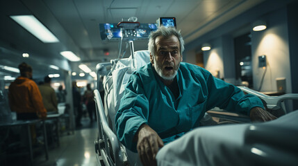 Senior male patient in medical wheelchair in corridor