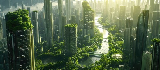 3D scene of a futuristic eco-friendly city with tall buildings, skyscrapers, and green urban views.