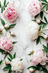 Obraz na płótnie Canvas a lot of Buds of beautiful fresh peonies lie on a light milky Cyclorama, uncluttered, top view, elegance, aesthetic, style, minimalism, beauty, trends 2023.