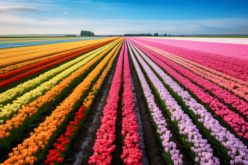 Vibrant tulip field in spring, rows of colorful flowers, natural beauty - obrazy, fototapety, plakaty