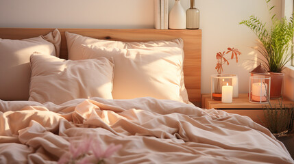 Bedroom Bliss: Interior Design Elegance with a Comfortable Bed Adorned in Soft White Pillows and Bedding