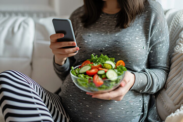 Young pregnant woman eating a Salad in the Kitchen of a home. The concept of proper nutrition