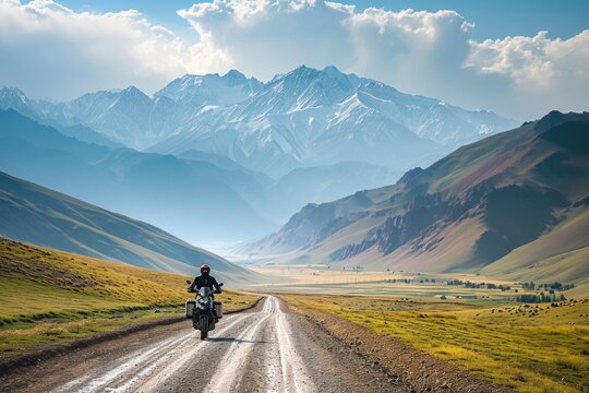 Aeriel view of a man riding a motorcycle bike on a mountainous valley road © DailyLifeImages
