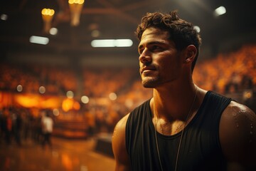 A brooding man with a dark tank top stands indoors, his human face shrouded in mystery and emotion
