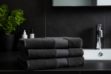 Bathroom interior Design in a modern version using Dark tiles and black towels. Luxury bathroom design