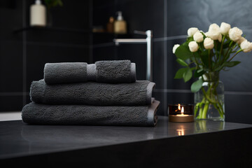 Bathroom interior Design in a modern version using Dark tiles and black towels. Luxury bathroom design