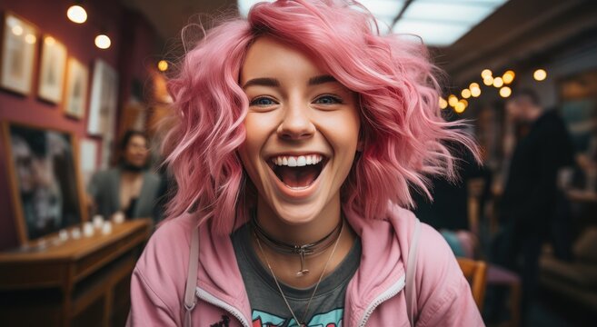 A vibrant woman exudes joy and confidence as she proudly shows off her pink hair, beaming with a bright smile that highlights her perfect teeth, all while donning stylish clothing in an indoor settin