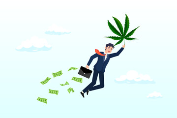 Rich man flying with cannabis leaf holding suitcase full of money banknotes, make money and rich with marijuana CBD oil or cannabis business, invest and earn millions in cannabis stocks (Vector)