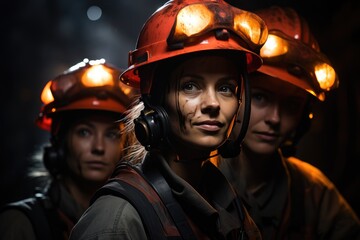A team of fierce women donning protective gear and illuminated by the glow of their helmets, ready to tackle any challenge in their hard hats as firefighters