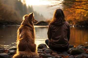 A tranquil autumn evening spent by the peaceful waters with a loyal companion by her side, the woman and her dog bask in the warm glow of the setting sun on the rocky shore of the river - Powered by Adobe