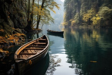 Fototapeta premium Amidst the autumn fog, two boats float peacefully on the river, surrounded by the serene landscape of trees and mountains