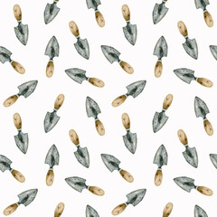 Watercolor hand drawn garden tools seamless pattern on white. Vintage metal small shovels background in random composition for packing, label, floral hobby shop design. Rustic